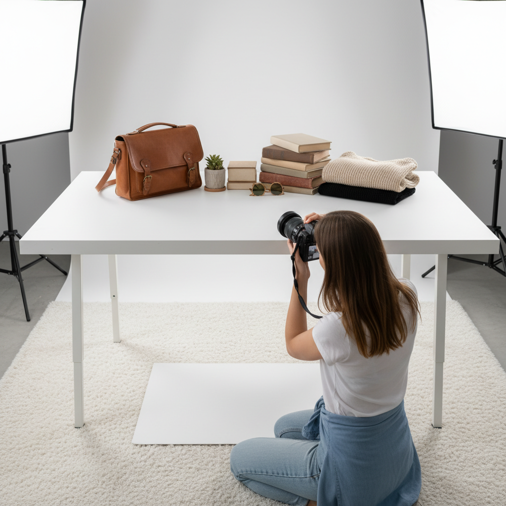 Entrepreneur photographing handmade products on clean white background for online store