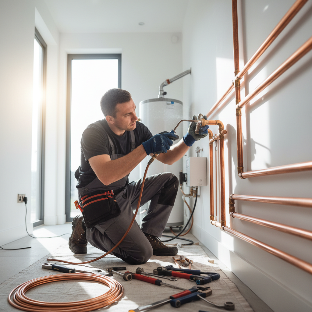 Professional plumber working on copper pipe installation in a residential property