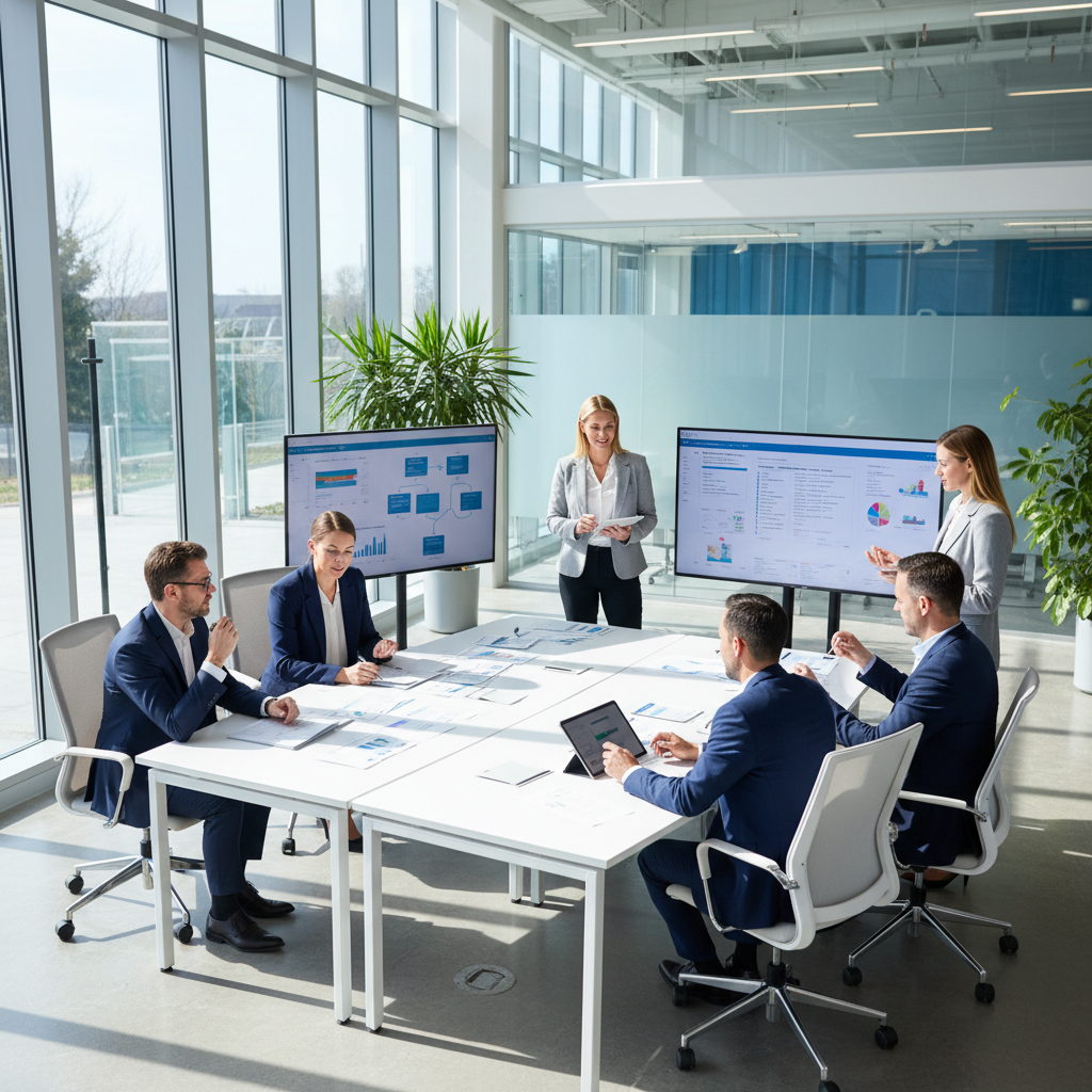 Business professionals collaborating around a conference table with laptops and data reports in a bright modern office