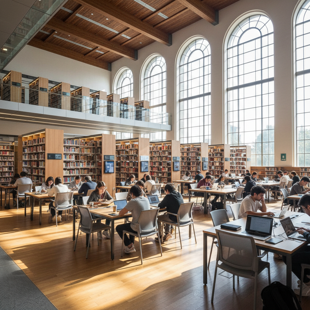 College student studying at bright library table, warm sunlight through tall windows, open books