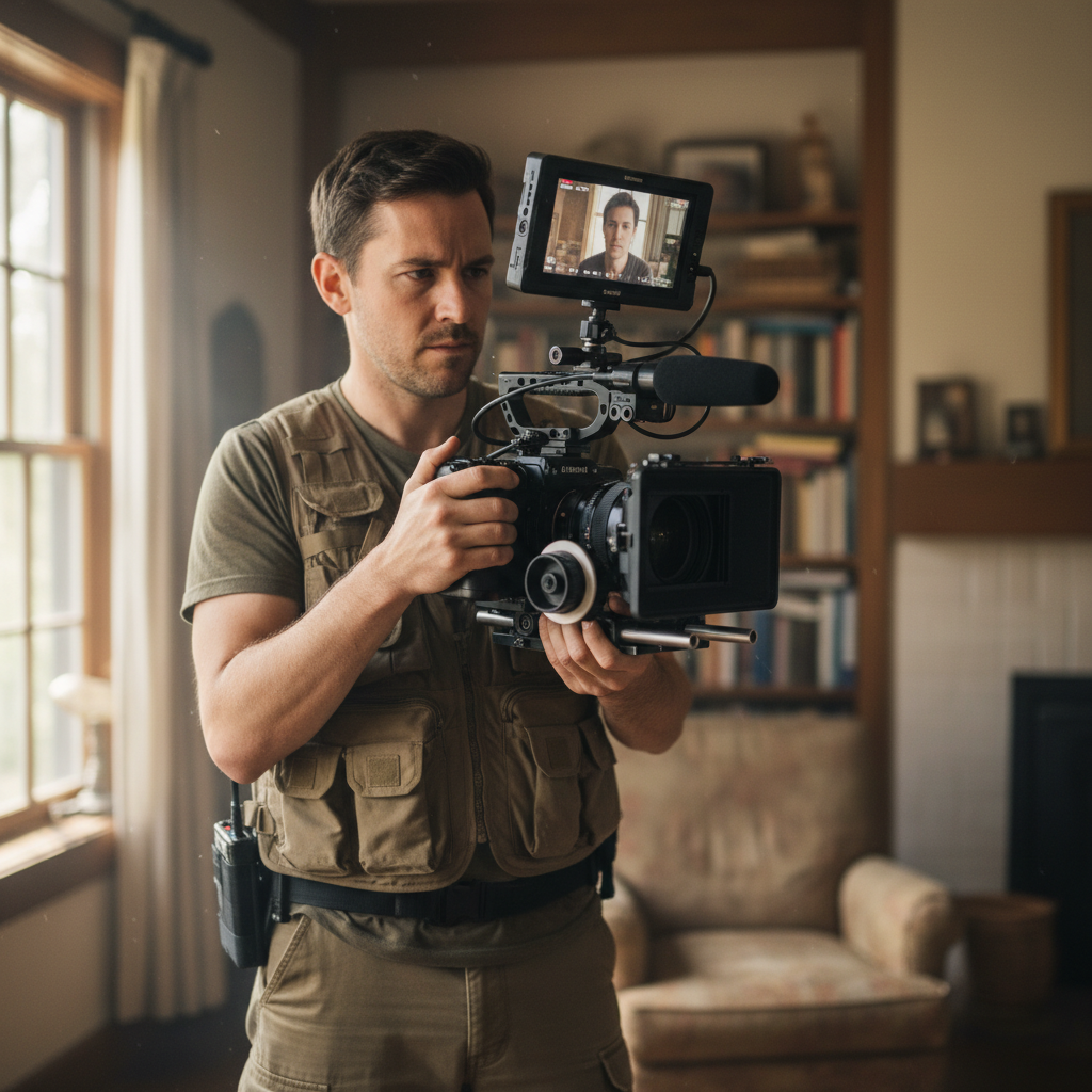 Cinematographer operating handheld camera during documentary interview