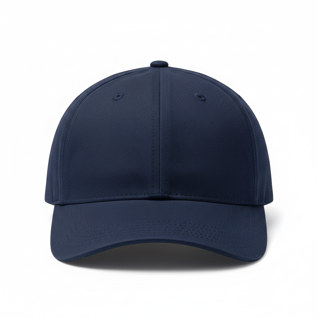 Dark navy blue cap with structured brim, clean minimal design on warm sand background