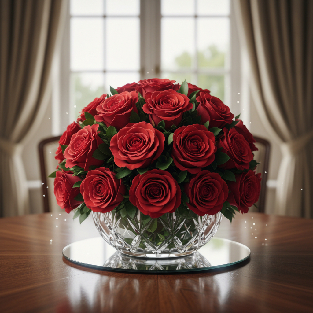 Low round centrepiece of deep red roses in a crystal vase