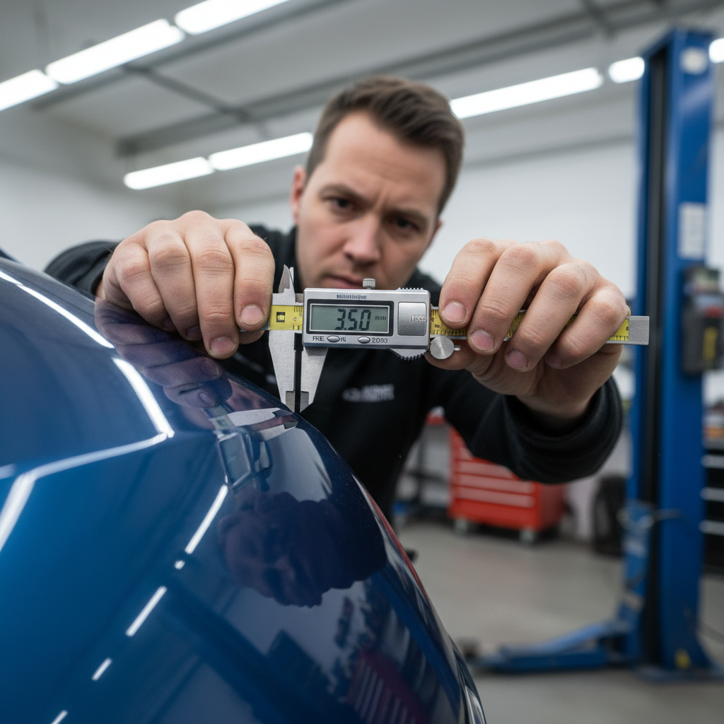 Auto body shop technician working on vehicle surface preparation in a professional collision repair facility
