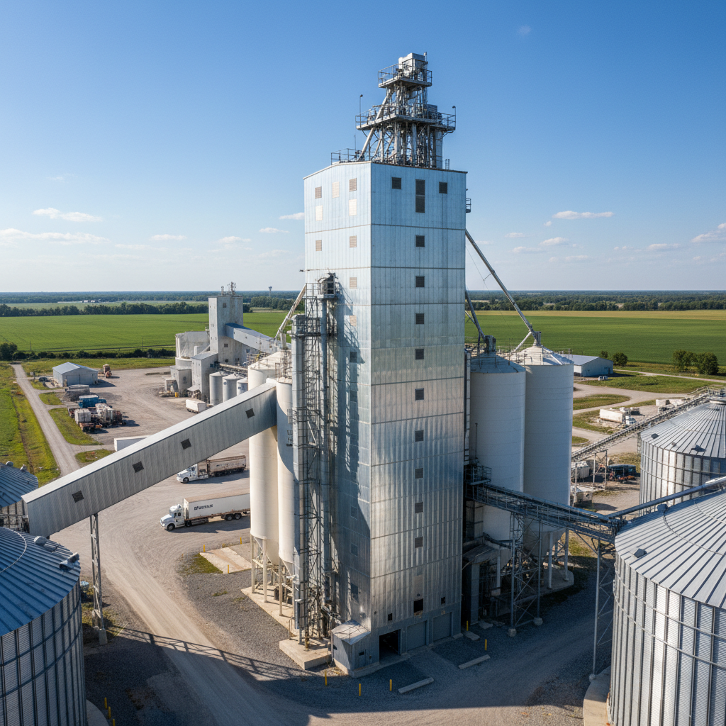 Agricultural grain handling complex with tall post-frame structure and corrugated steel cladding