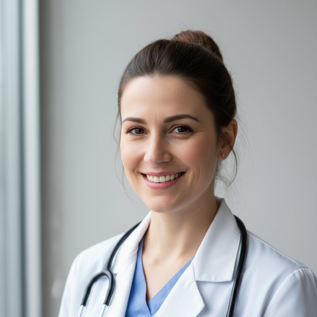 Professional headshot of female veterinarian with short brown hair in white medical coat