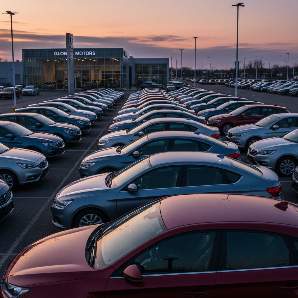 Dealership lot at dusk with rows of windshields catching the last light