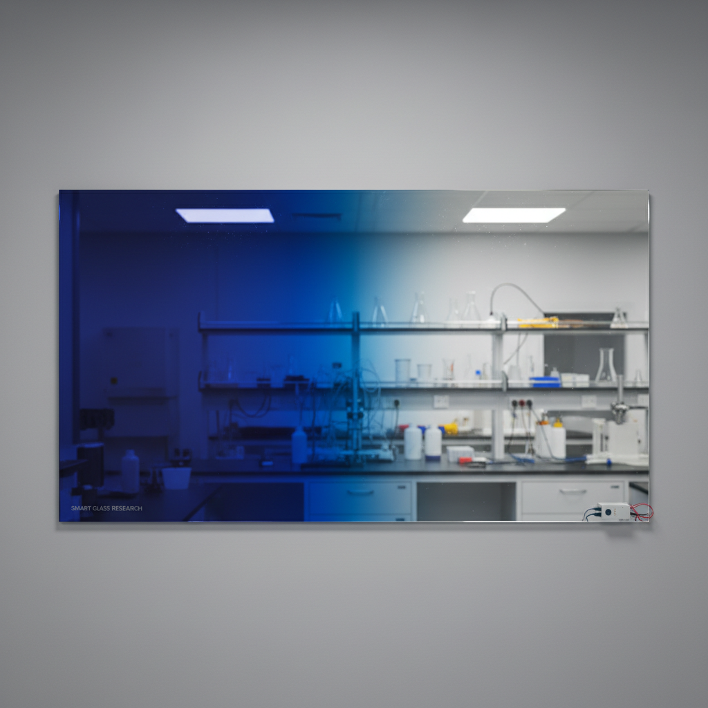 Electrochromic smart glass panel showing tint transition state in research laboratory