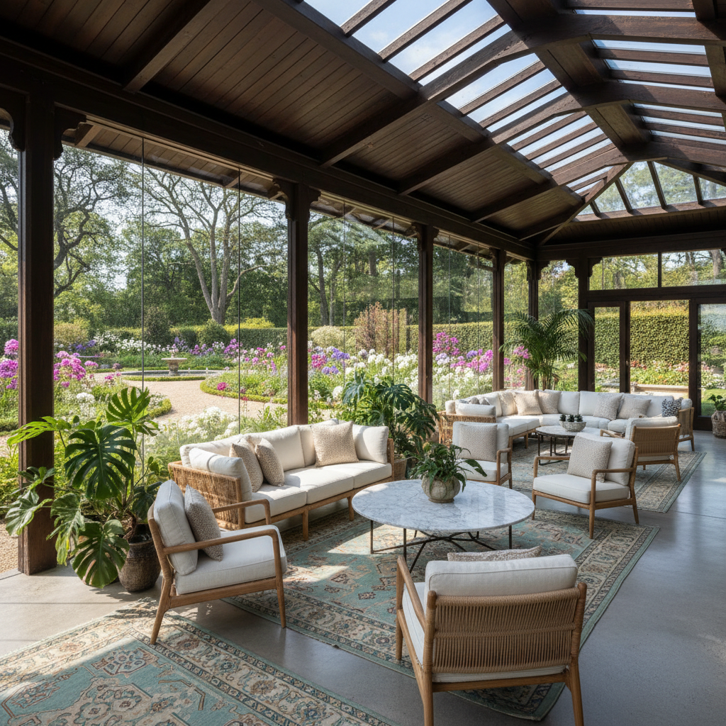 Covered alfresco entertaining area with garden views