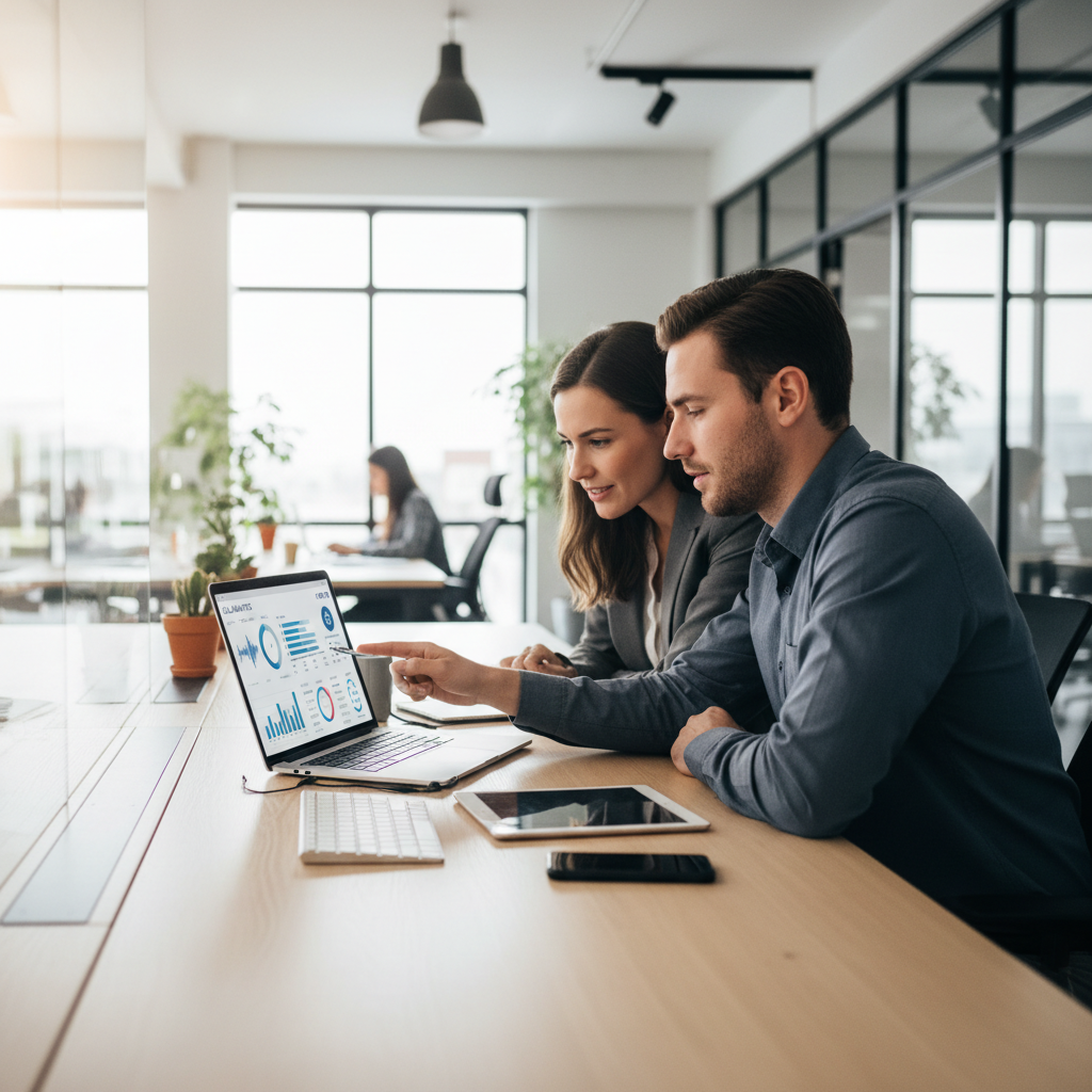 Bright modern meeting room with two professionals reviewing data on a laptop, natural light streaming in
