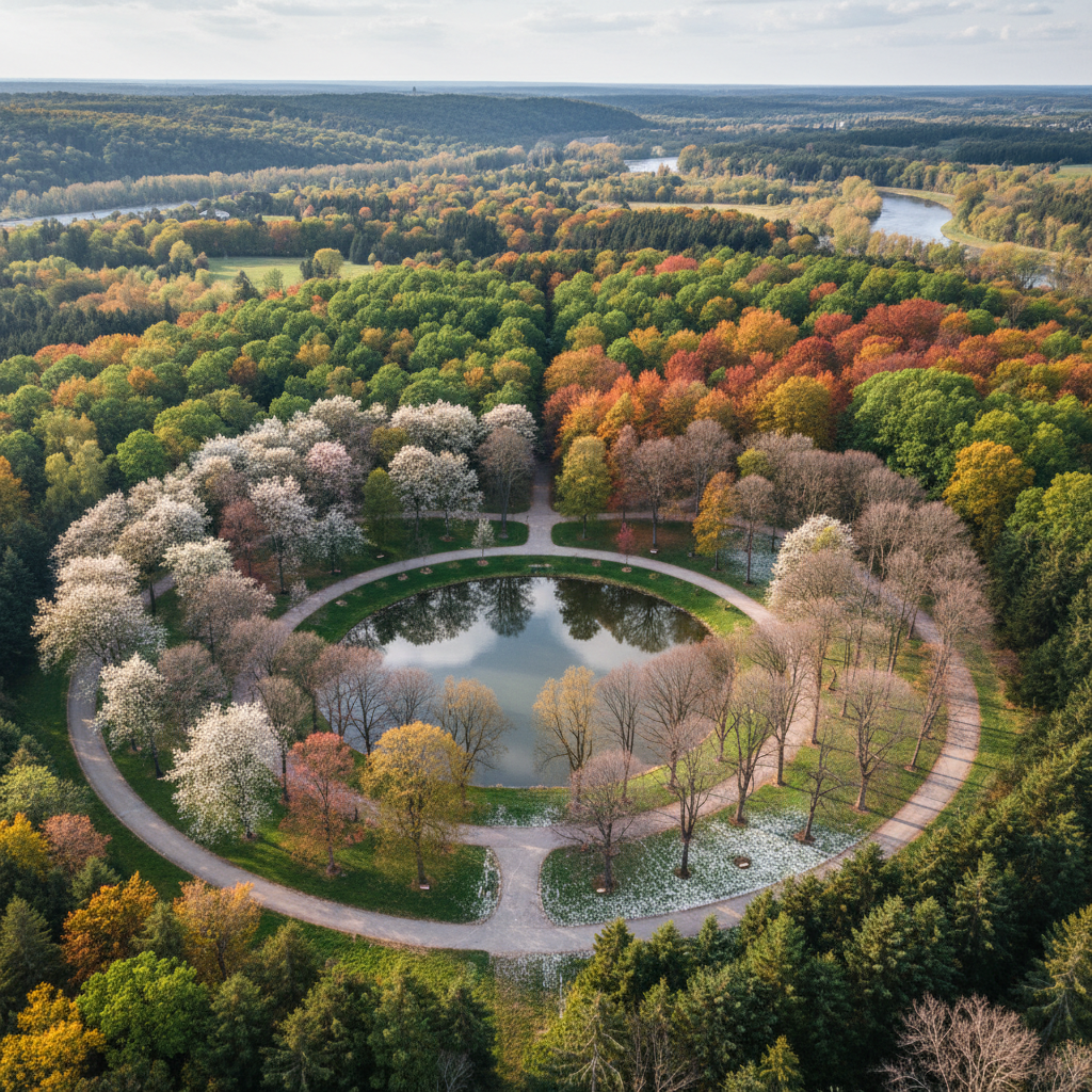Wide aerial view of an entire memorial forest with dozens of trees at different heights and seasons, canopy stretching in all directions