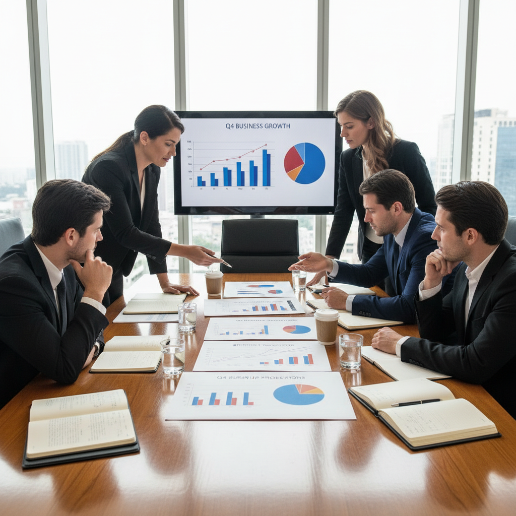 Financial advisor consulting with business owner in bright modern office, professional meeting, documents on table