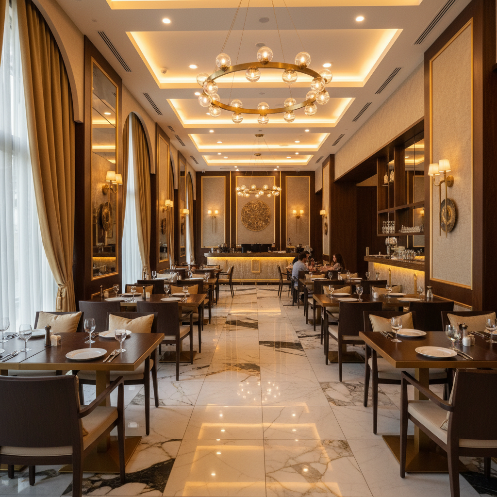 HMK Restaurant elegant interior with warm lighting, dark wooden furniture, gold accents, and an inviting dining atmosphere