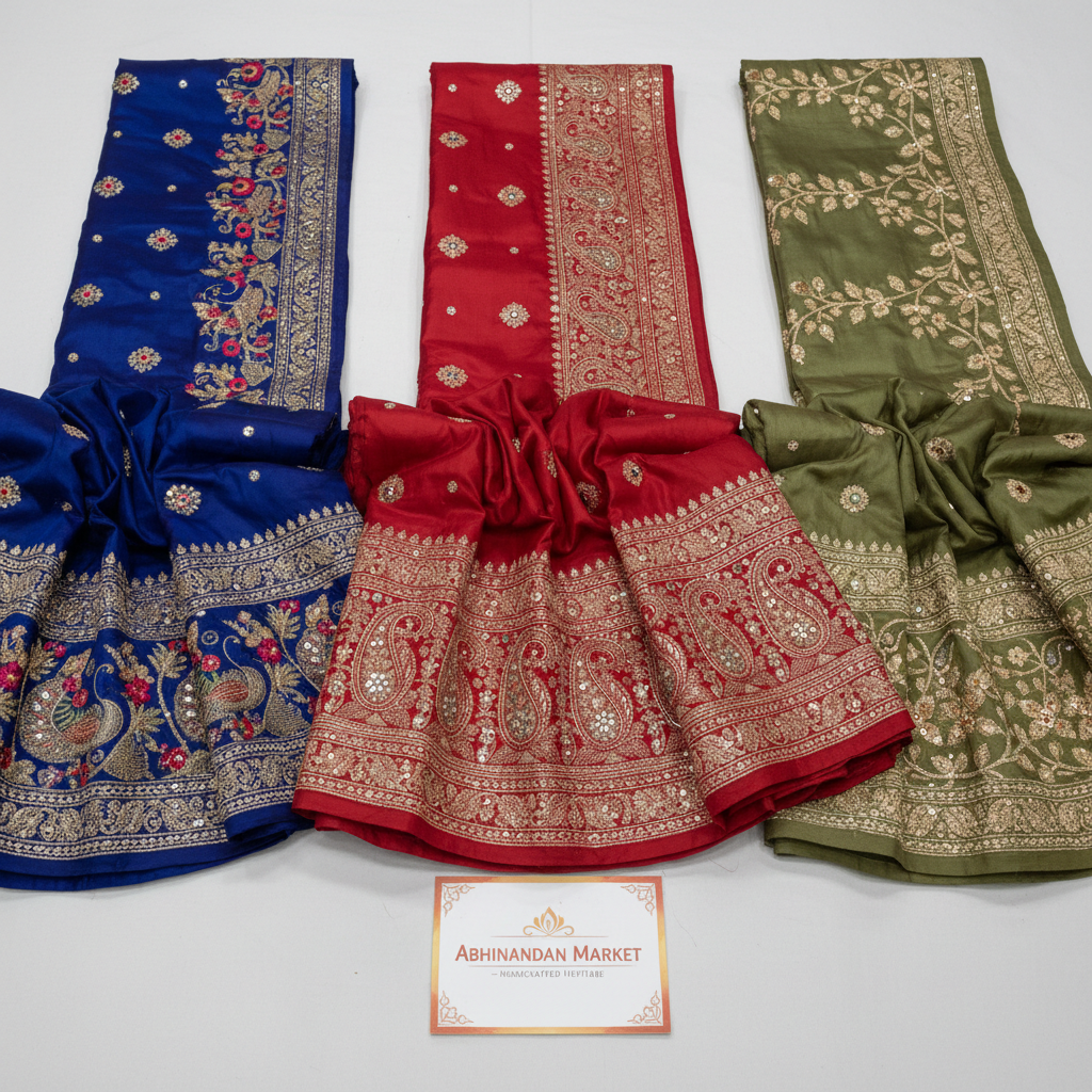 Traditional Indian sarees with intricate embroidery and rich fabric from Abhinandan Market