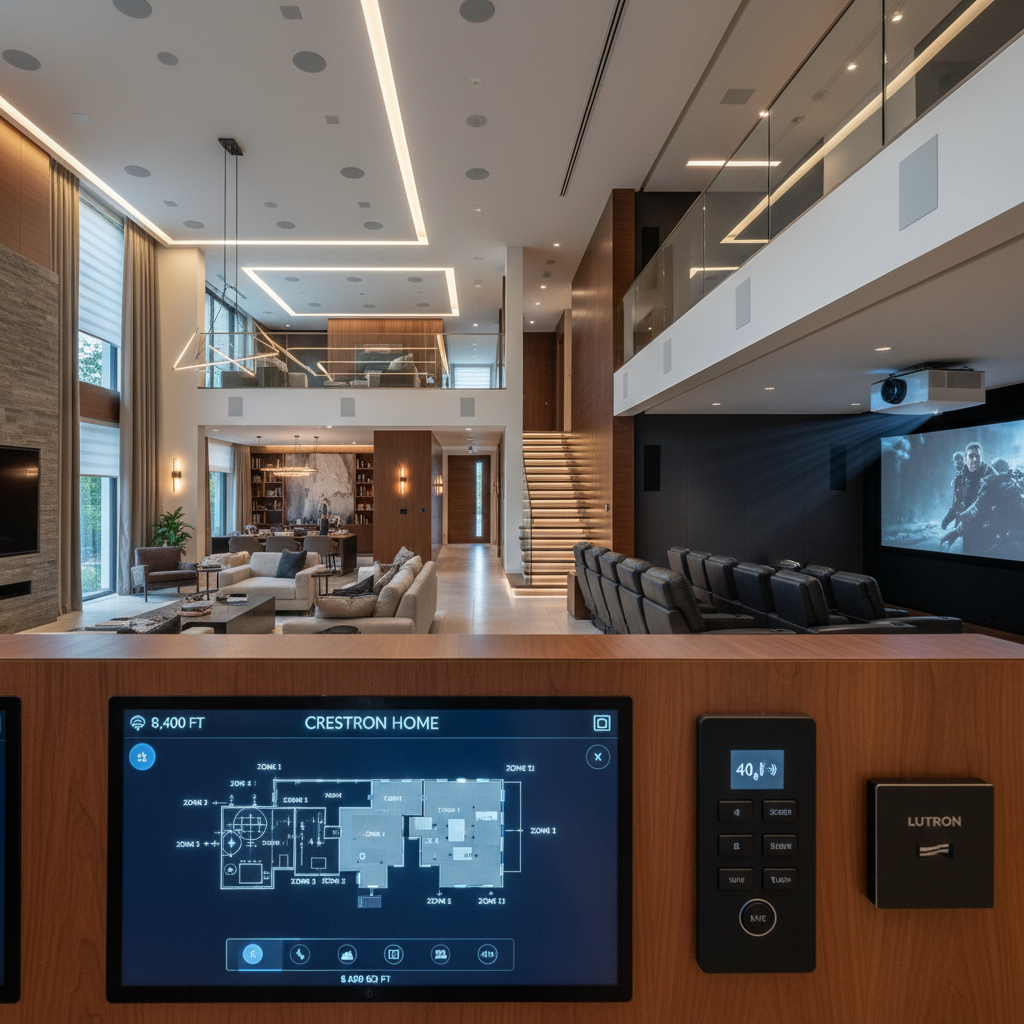 Luxury lakefront estate exterior at dusk with warm interior lighting visible through large windows, dark moody sky with deep blue and charcoal tones