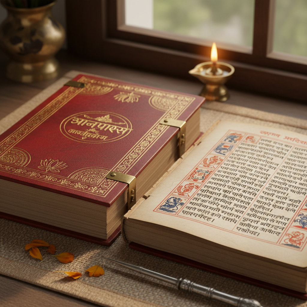 Stack of ancient-looking leather-bound books with Sanskrit text, warm amber reading lamp