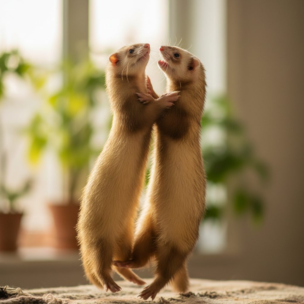 Two of the ferret siblings caught mid-dook together, synchronized joy frozen in a single frame