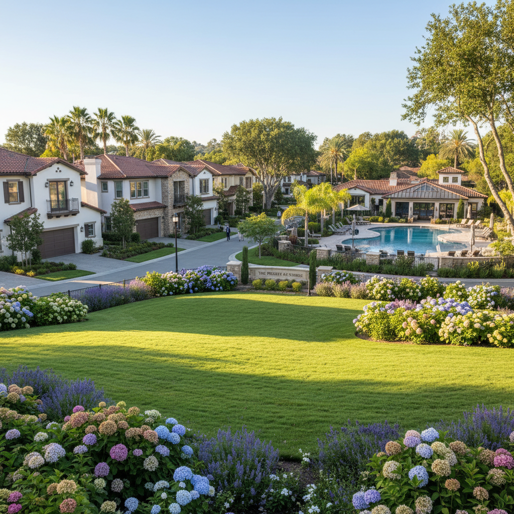 Upscale HOA community with well-maintained landscaping and residential buildings