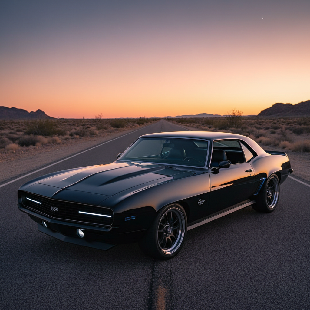 1969 Chevrolet Camaro SS converted to electric, black, photographed on empty highway at dusk