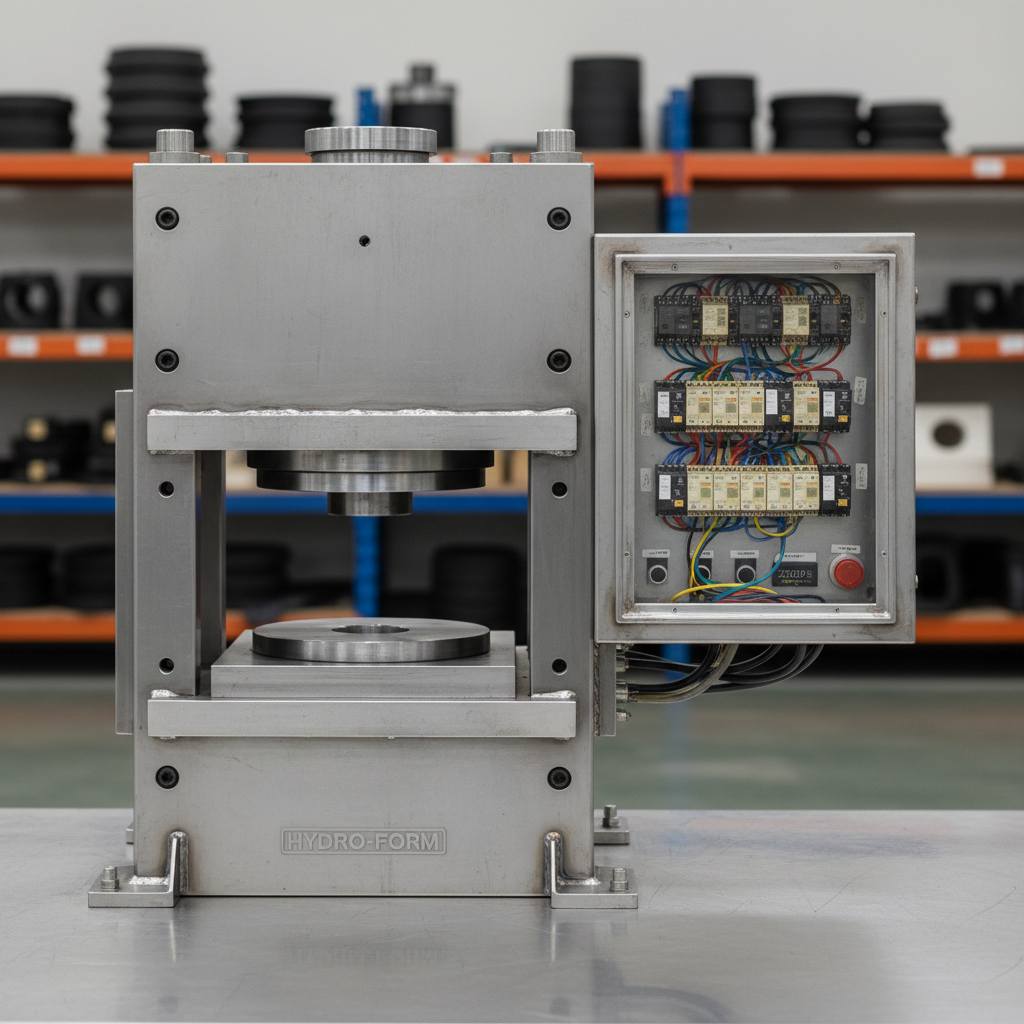 Steel hydraulic compression press with relay control panel used for O-ring and seal production