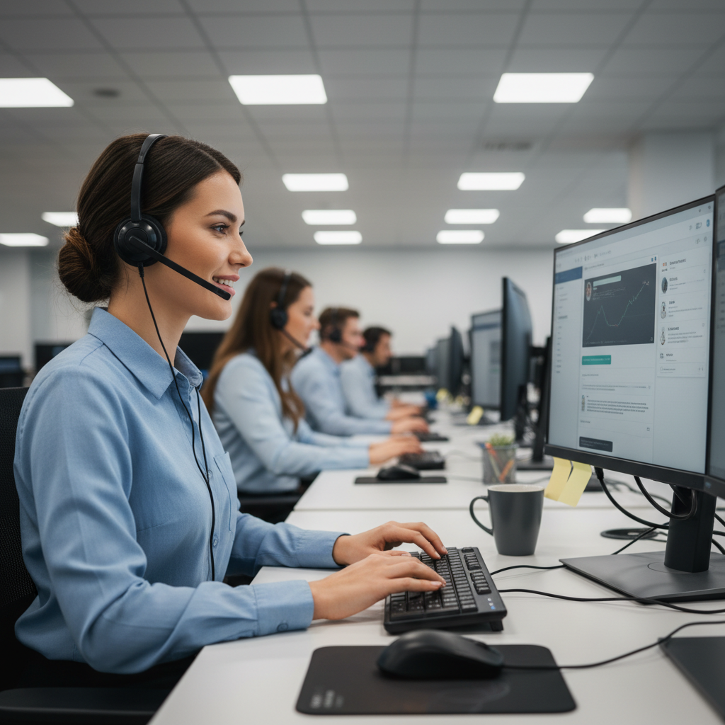 Customer success team member helping client with laptop in friendly collaborative workspace setting