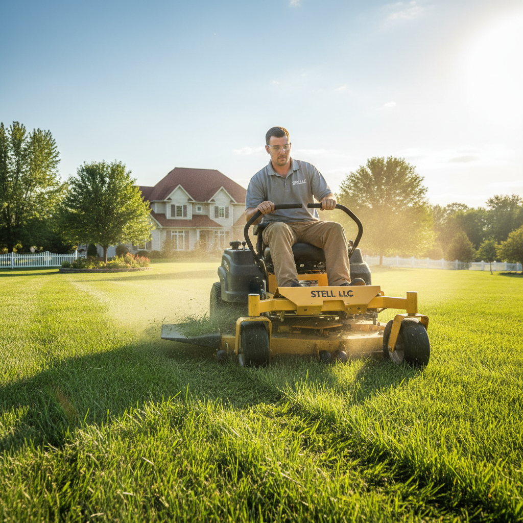 Stel LLC crew member operating a professional lawn mower on a residential property in Iowa