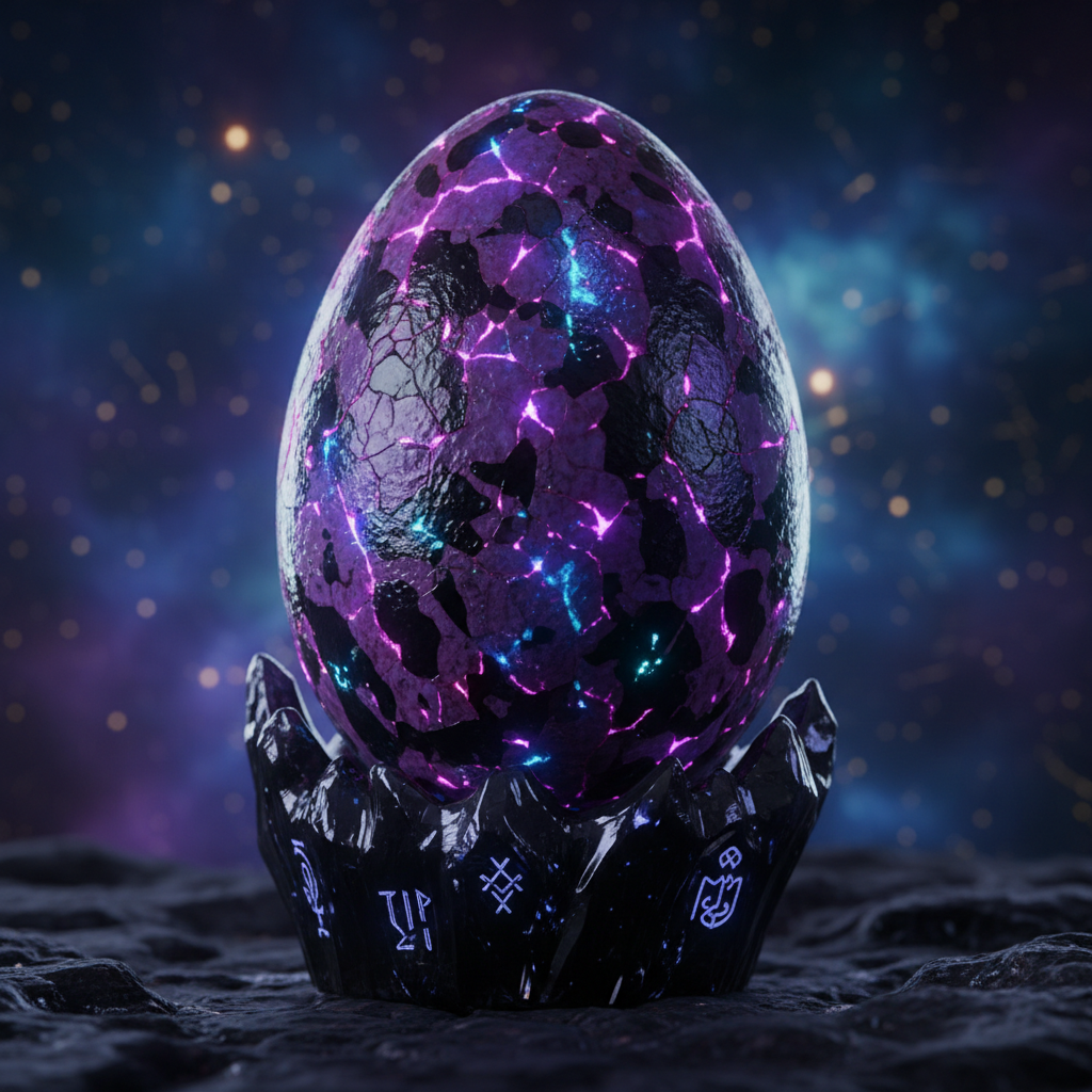 Glowing dragon egg on dark mystical stone surface with green magical light