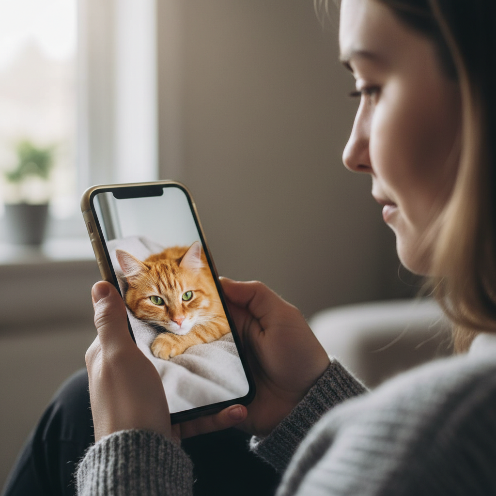 Person holding phone showing photo of their cat at the boarding house