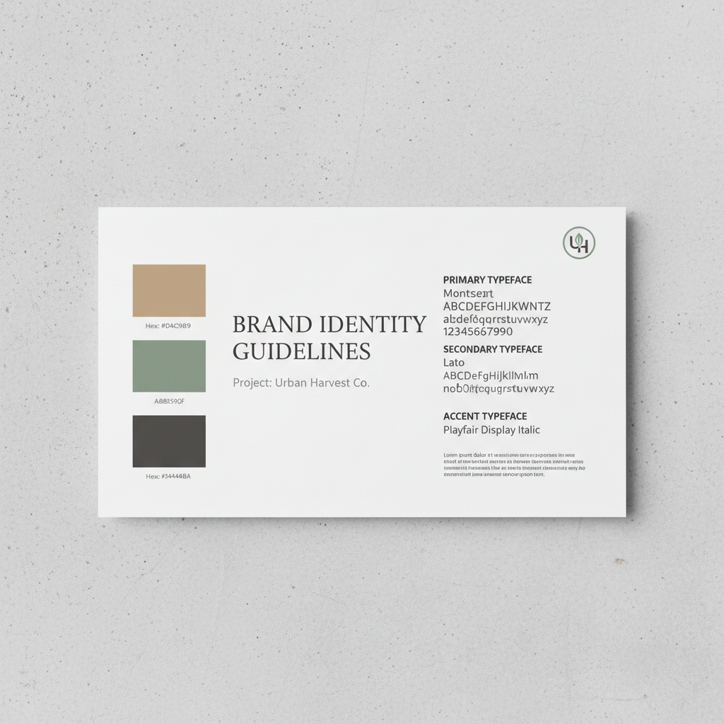 Designer reviewing brand identity guidelines with color swatches and typography samples