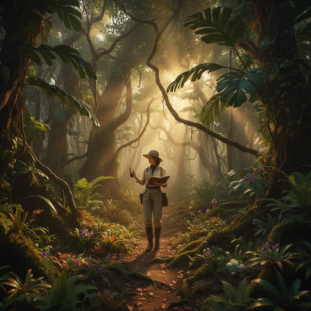 Perfumer walking through a dense tropical forest in Cambodia sourcing rare botanical ingredients at golden hour