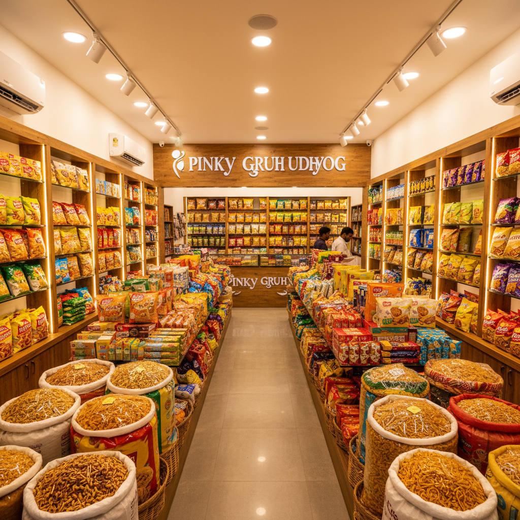 Pinky Gruh Udhyog store interior bright warm lighting with snack displays