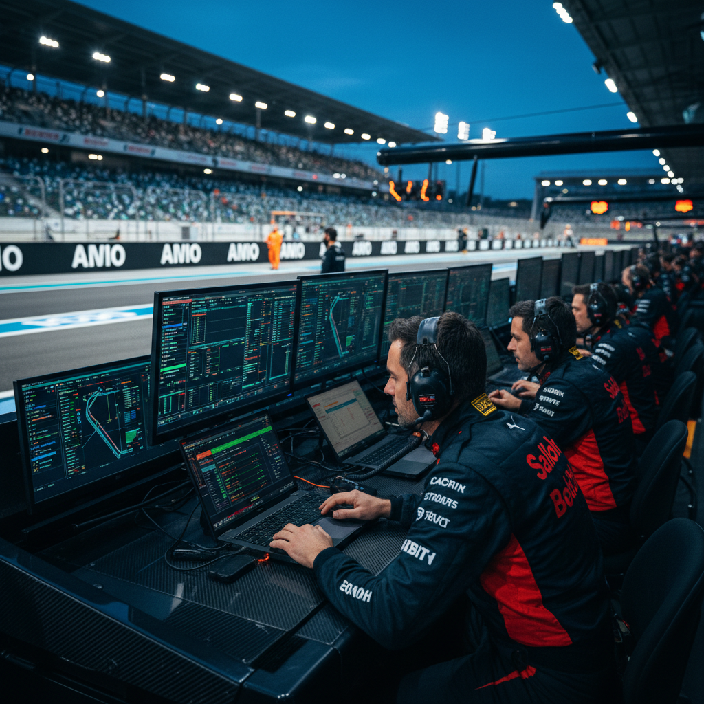 Formula racing qualifying session with pit wall engineers monitoring telemetry screens