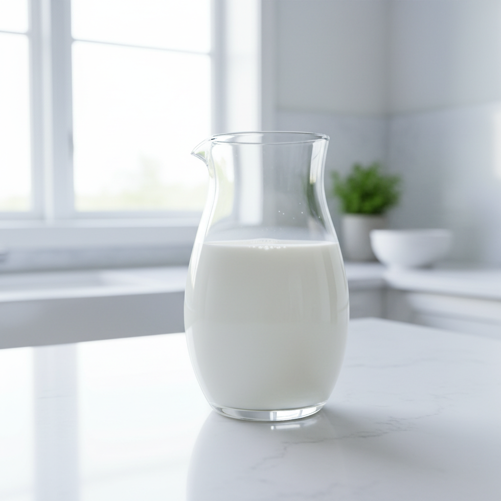 Fresh whole milk in a glass bottle on a wooden table with warm natural light