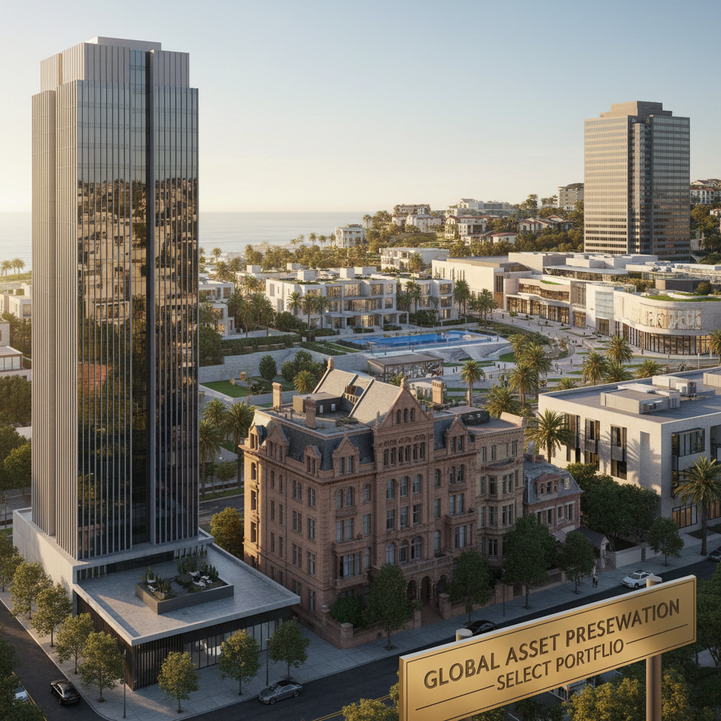 Premium investment property portfolio showing a collection of high-value residential and commercial assets representing long-term capital preservation