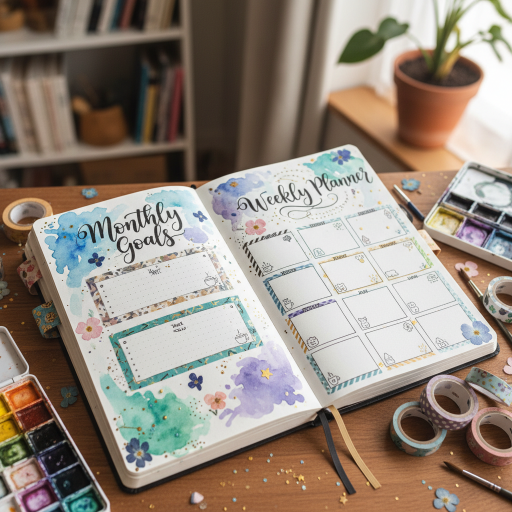 Bullet journal spread decorated with stickers and washi tape