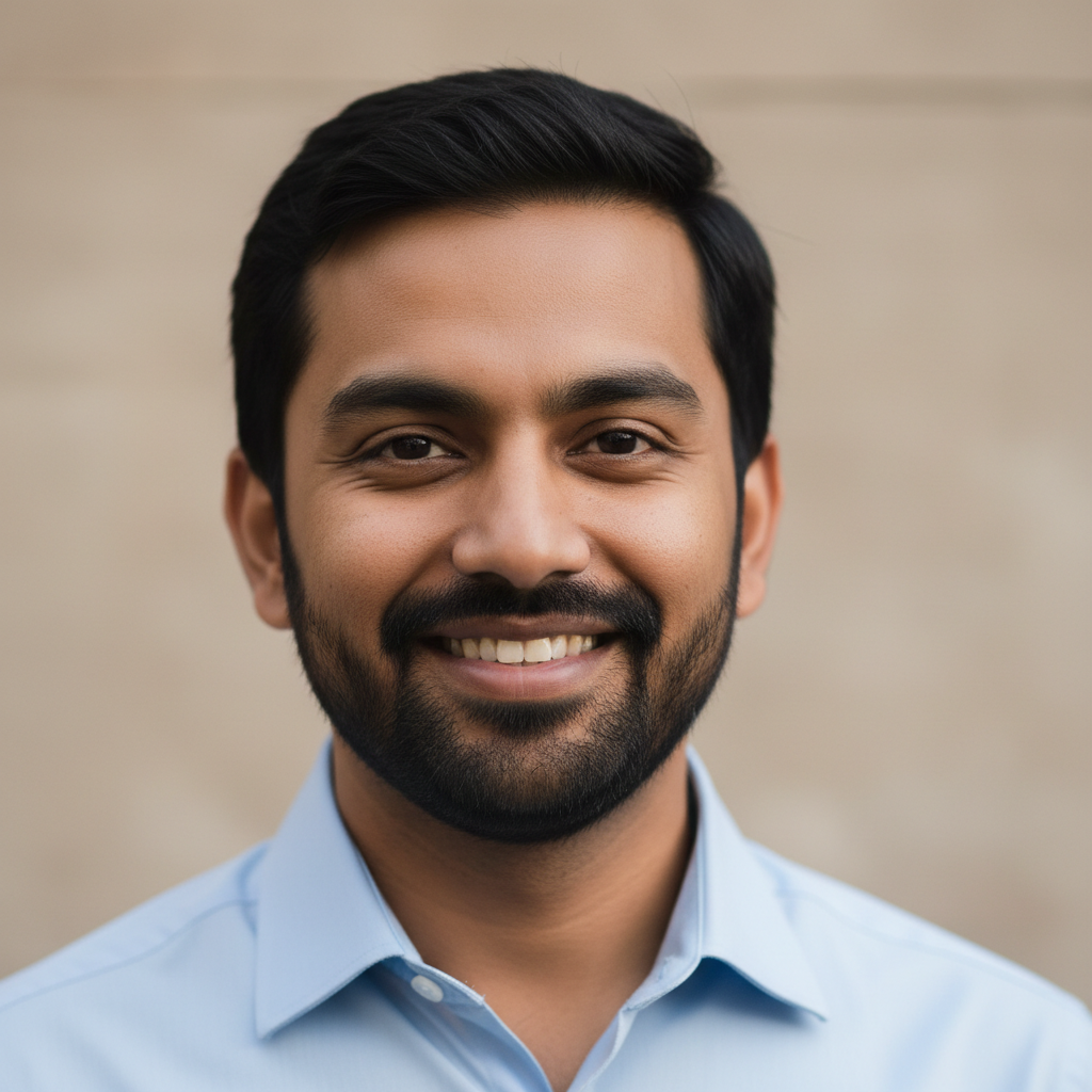 Professional headshot of Indian man with short black hair in navy blue shirt with professional demeanor