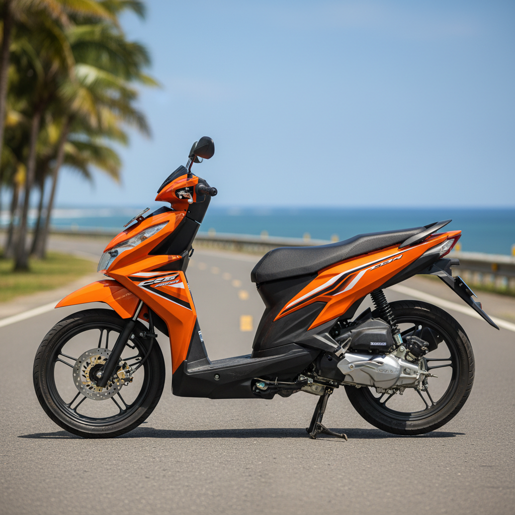 Honda Dio sporty scooter parked on coastal road near beach, sleek modern design, Karnataka coast