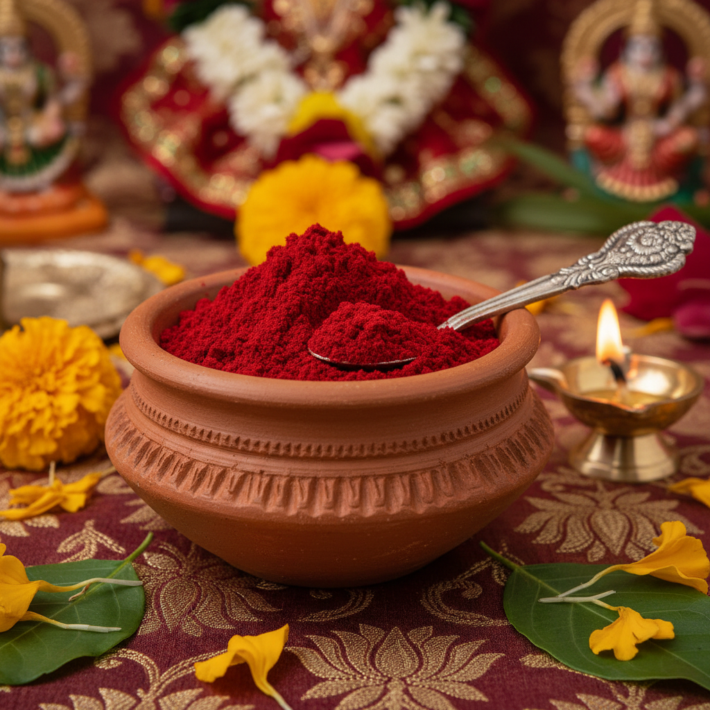 Kumkum vermillion powder offering at Hindu temple ritual