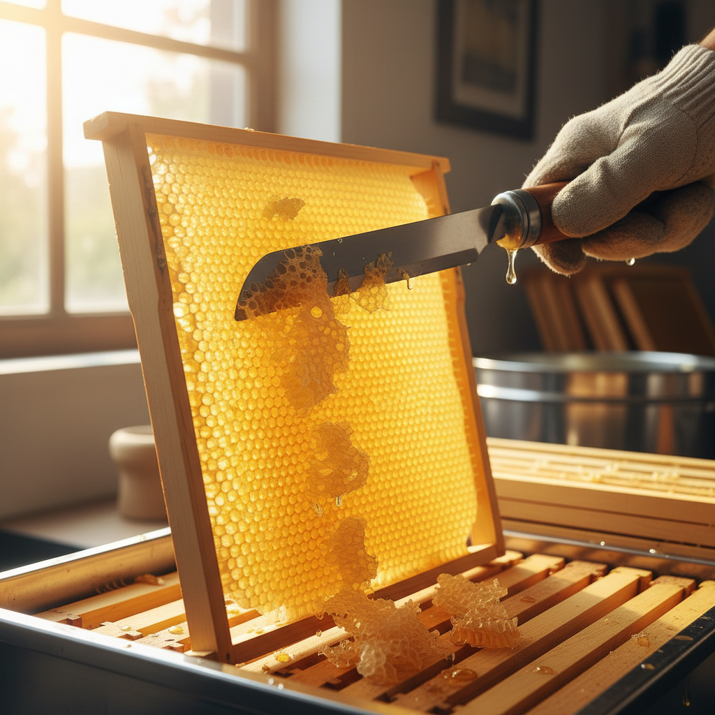 Electric uncapping knife cutting through wax cappings on a drawn honey frame over a stainless tub