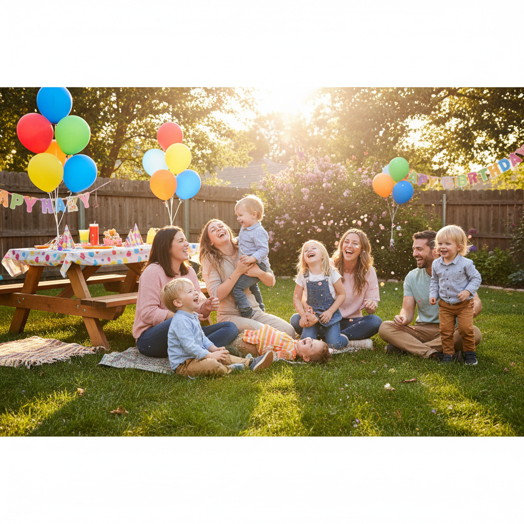 Parents laughing with young children at a backyard birthday party