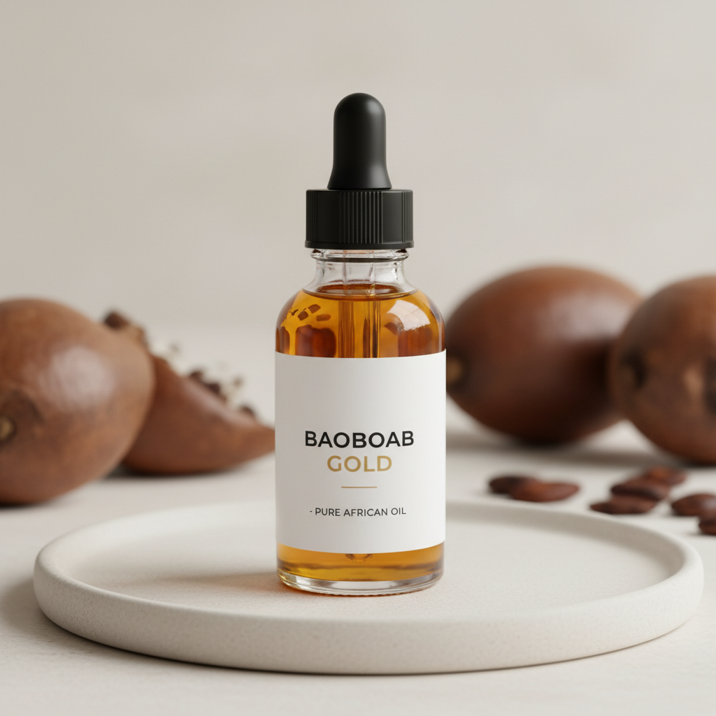 Golden baobab oil in a glass dropper bottle with baobab fruit pods in background
