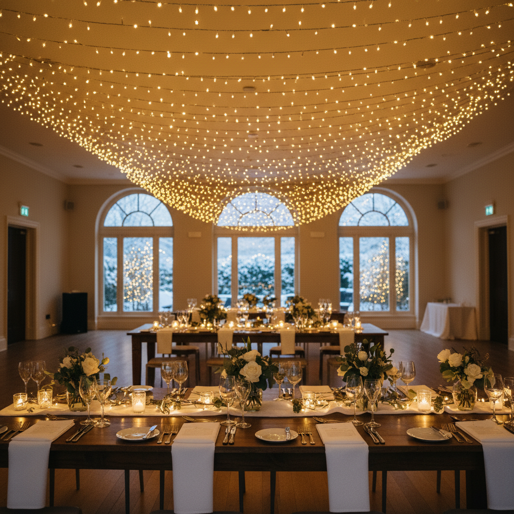 Festive holiday party food display with seasonal decorations in warmly lit event space