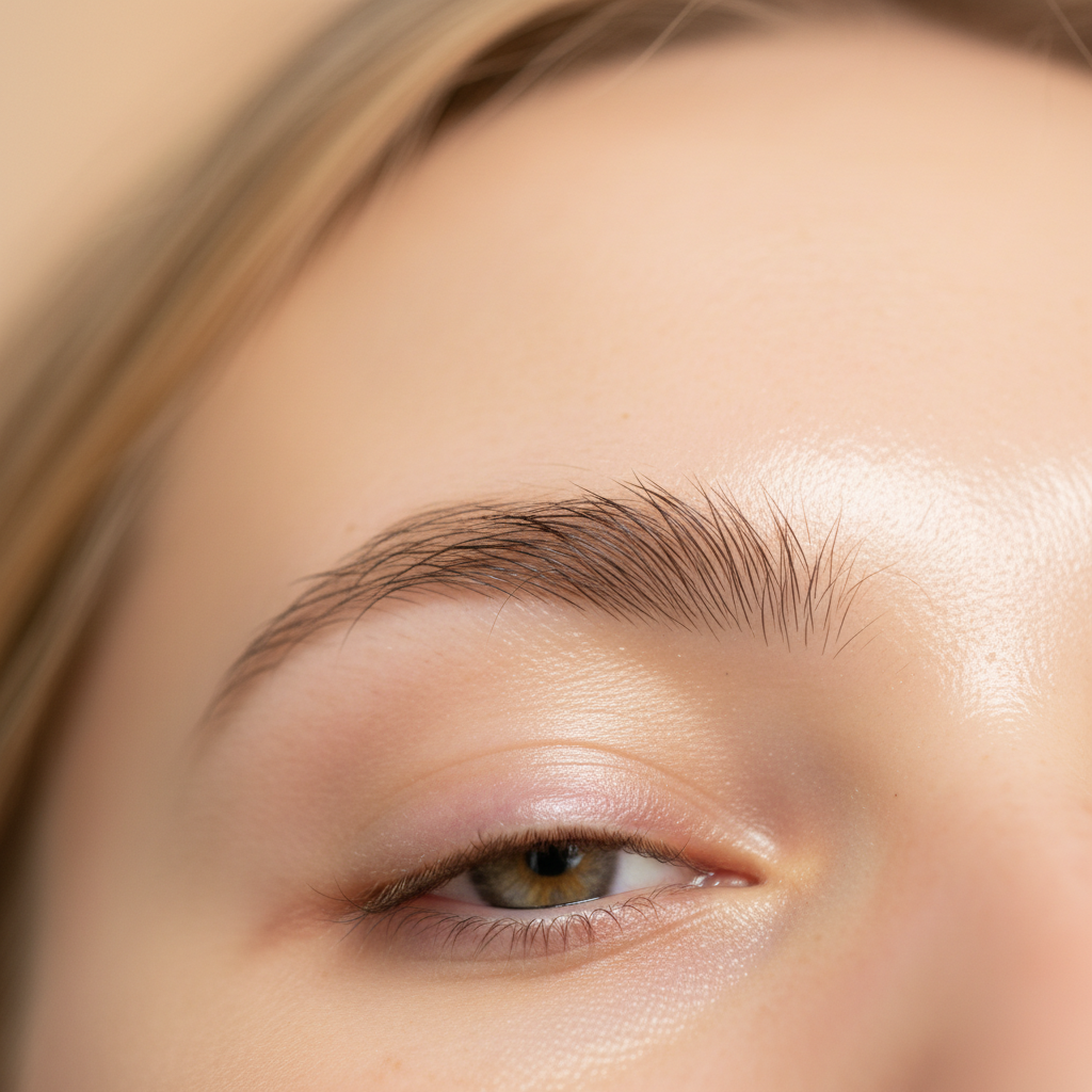 Close-up of perfectly defined eyebrows after lamination treatment, natural arch, warm skin tone