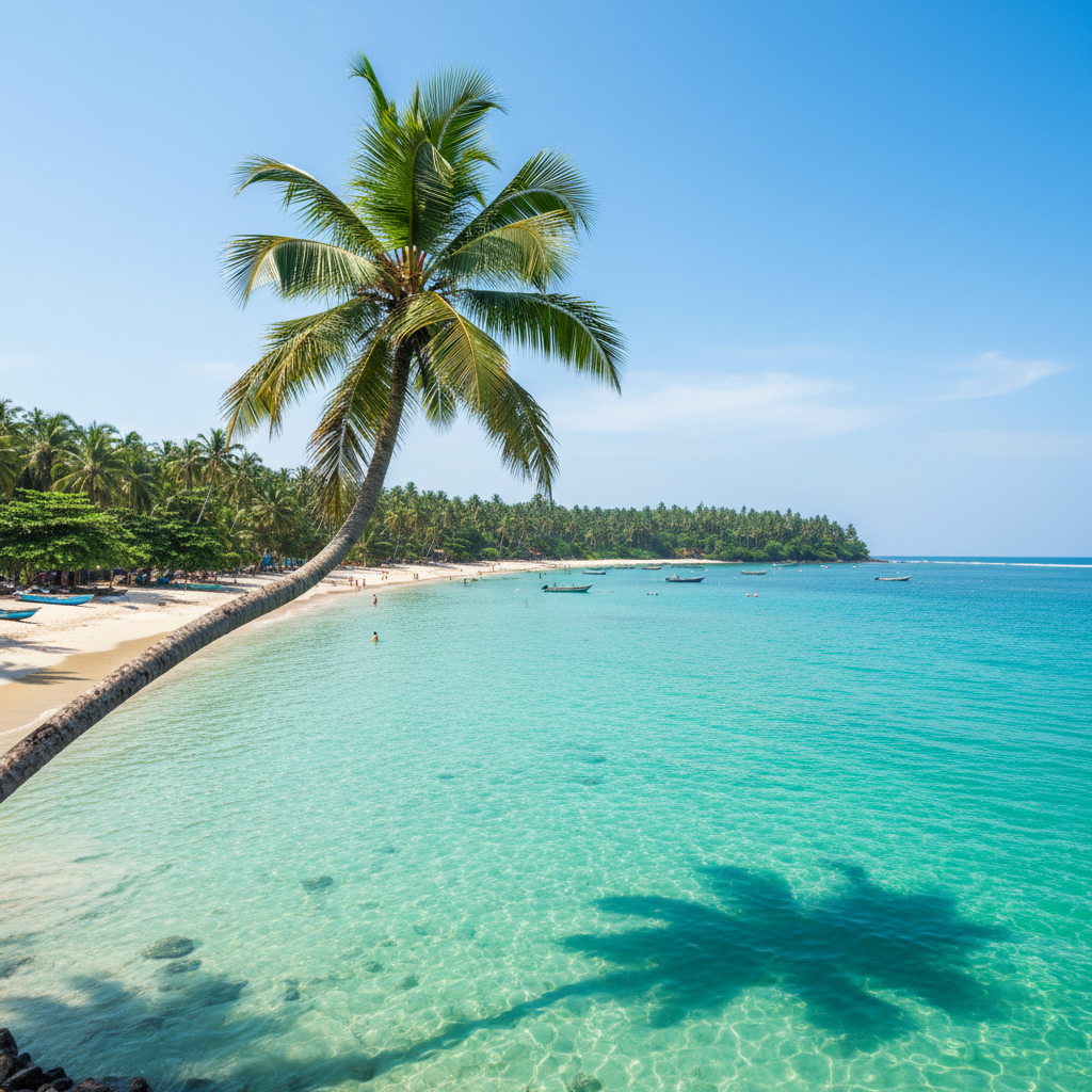 Mirissa Beach Matara Sri Lanka, iconic coconut palm leaning over turquoise water, white sandy beach, tropical paradise