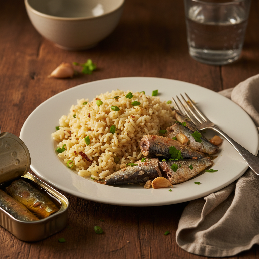 Canned sardines with garlic rice on simple plate, budget meal, warm dim lighting, Filipino home kitchen