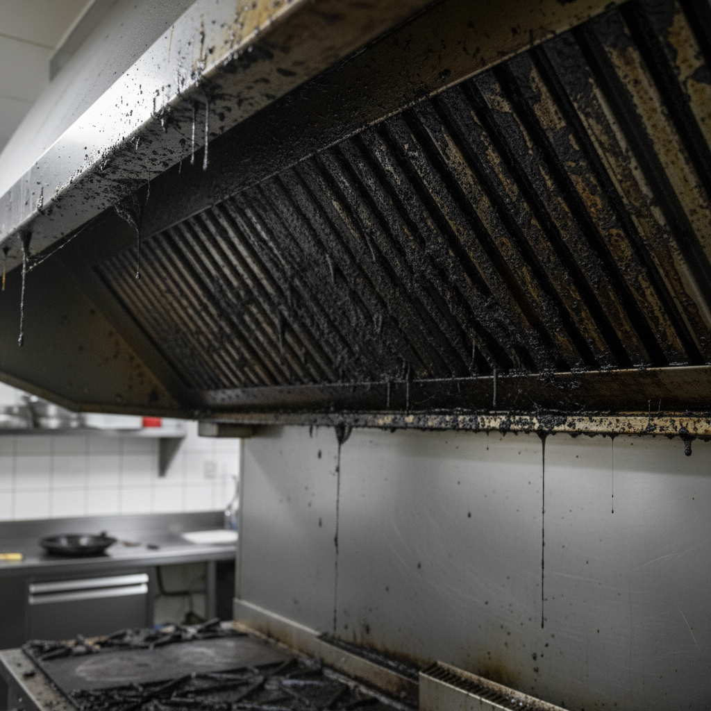 Grease-blackened commercial extraction hood with carbon layering and discoloured steel before deep cleaning