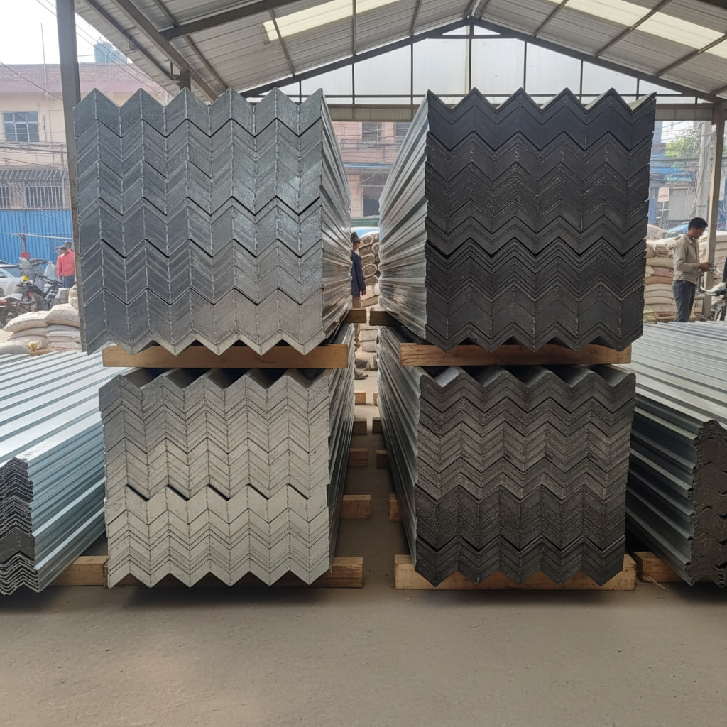 Corrugated steel roofing sheets stacked in warehouse