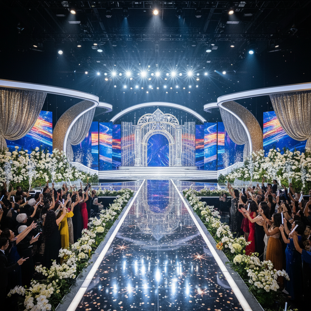 Elegant event stage with bright spotlights, glamorous pageant setting, sparkling decor, warm golden lighting