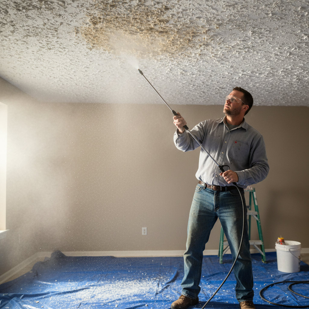 Worker with garden sprayer wetting popcorn ceiling texture in morning light, steam visible