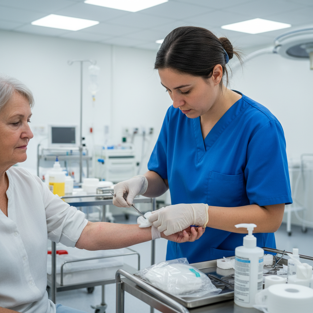 Nurse in uniform providing home care to elderly patient in bright room